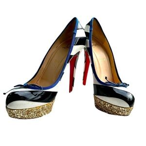 Christian Louboutin White Black Striped Leather Pumps Size 39.5 Red Bottoms